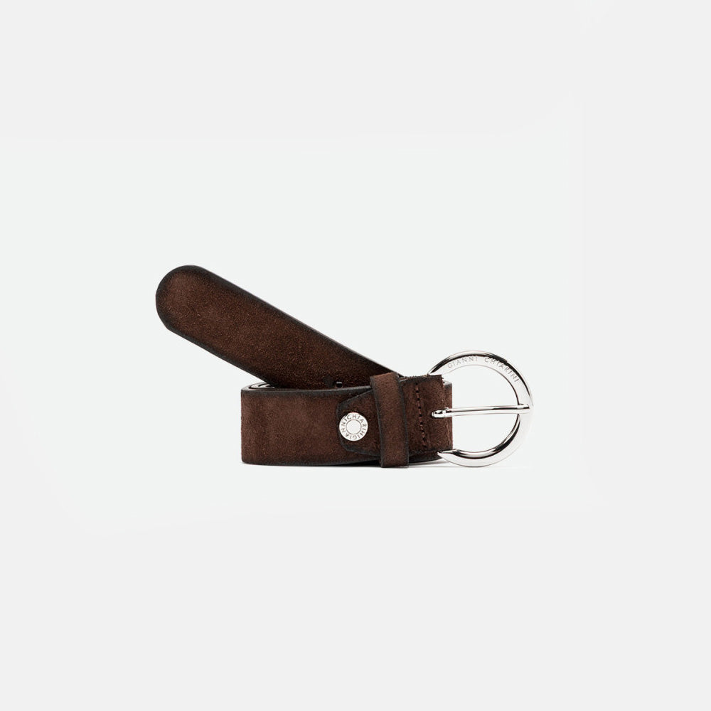 Rolled dark brown suede belt with a rounded silver buckle
