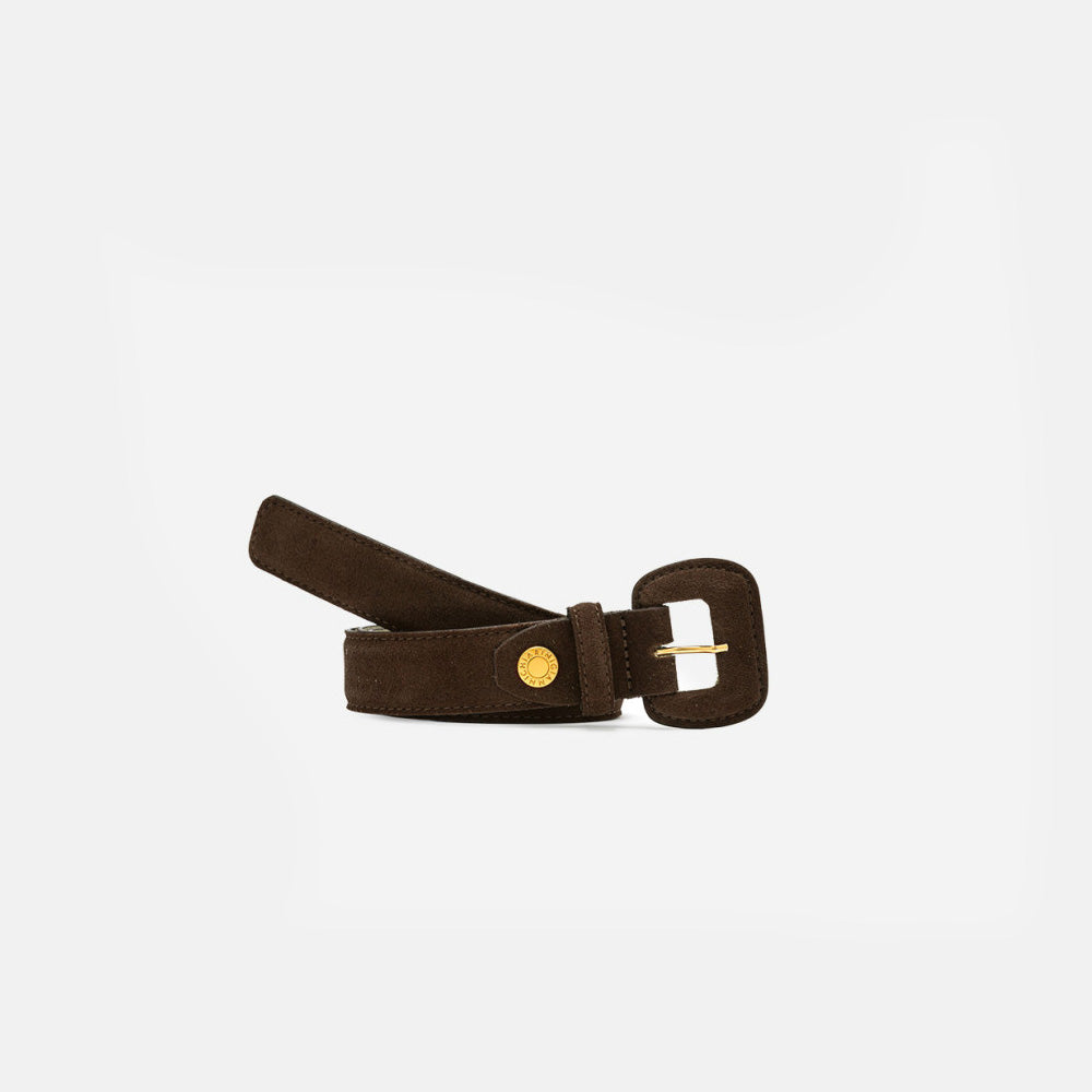 Rolled dark brown suede belt with a suede covered buckle and gold stud
