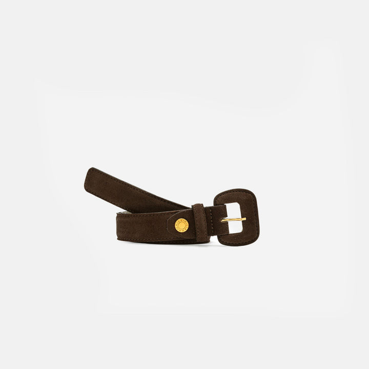 Rolled dark brown suede belt with a suede covered buckle and gold stud