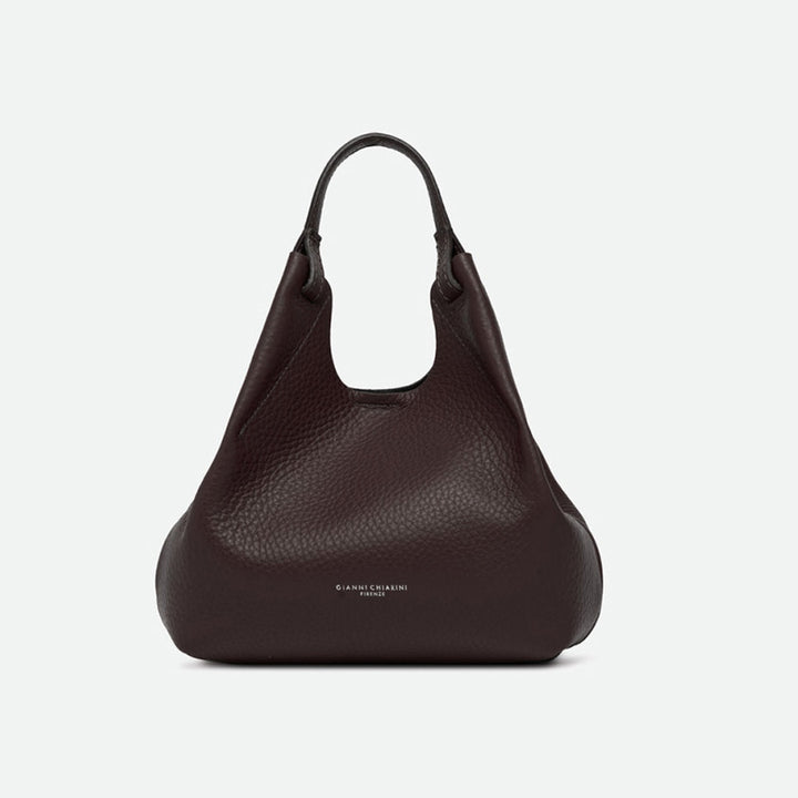 Dark chocolate brown pebbled leather tote bag with knotted handles