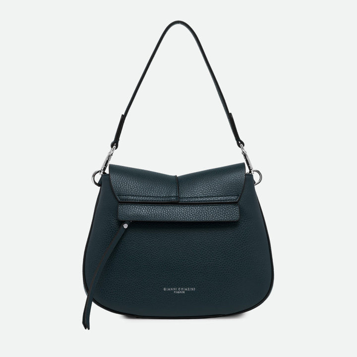 Back of a dark green leather shoulder bag showing a folded flap and slip pocket
