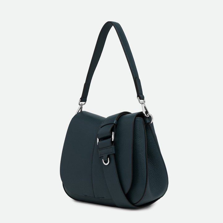 Side view of a dark green leather shoulder bag with silver hardware