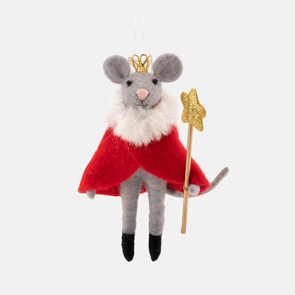 A plush Christmas ornament shaped like a gray mouse dressed as a king, wearing a red cape with a white faux-fur collar, a small gold crown, and holding a gold star wand, shown against a plain light gray background.