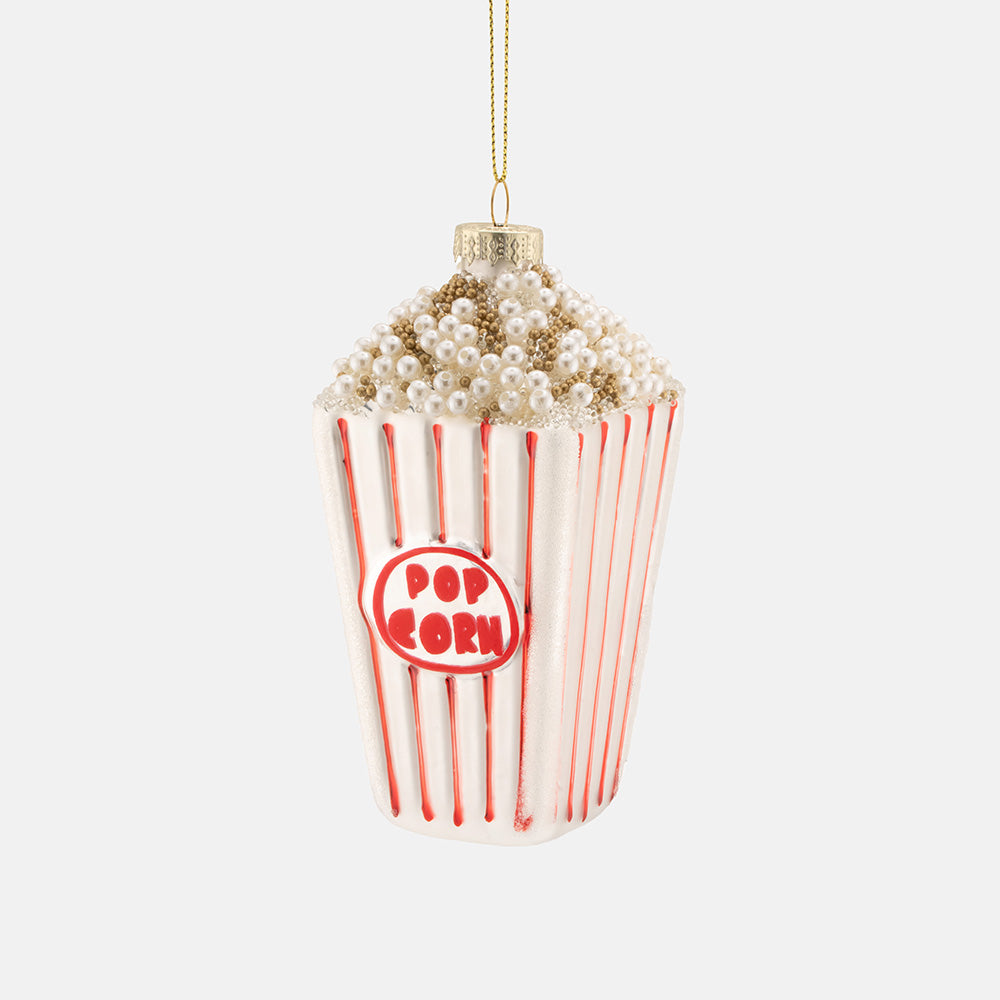 A popcorn-shaped hanging christmas tree decoration with a white and red striped bucket design, faux pearl popcorn on top, and a red 'POP CORN' logo on the front, shown against a light gray background.