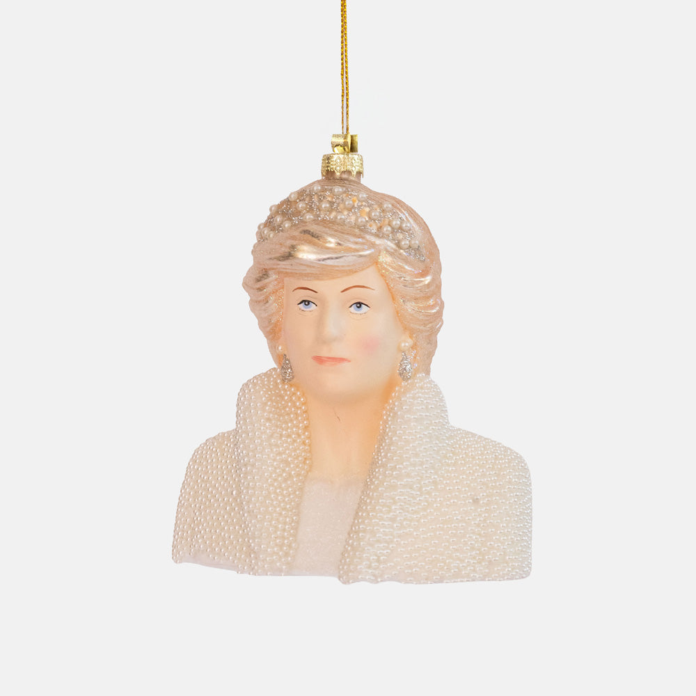 Glass bust ornament of princess diana with short blonde hair, a pearly tiara and a high collared cream beaded gown