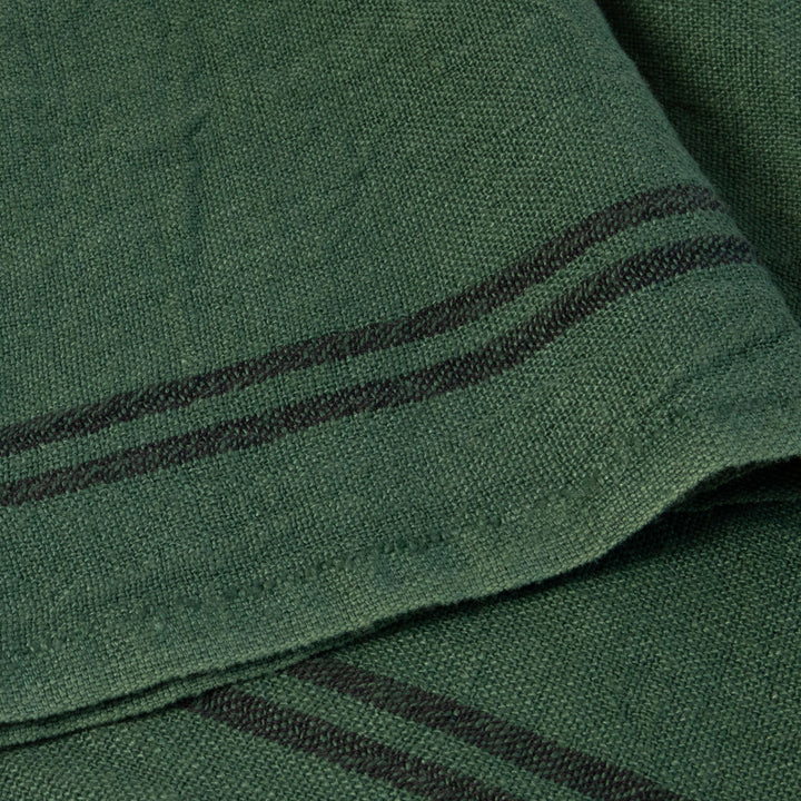 Close-up of green tea towel with black stitching details