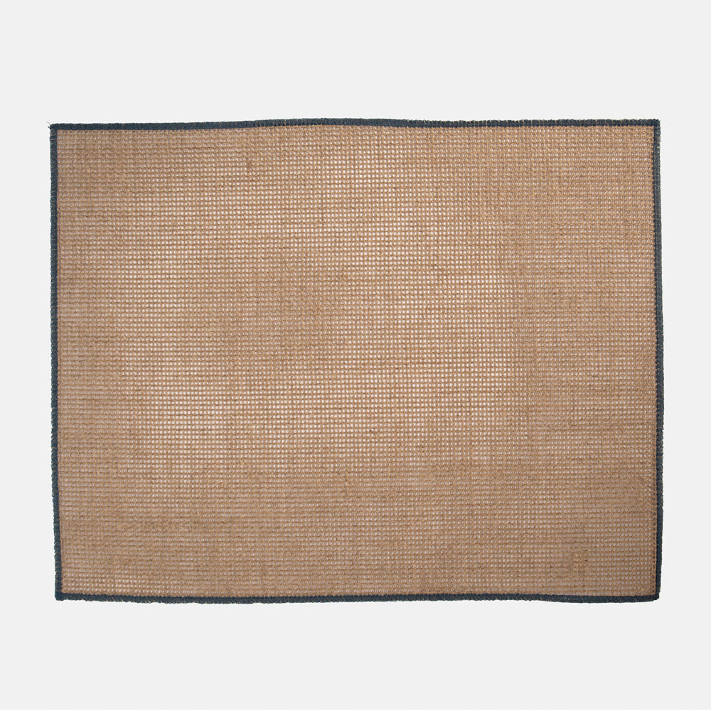 set of 2 beige woven placemats with a blue border on a white background