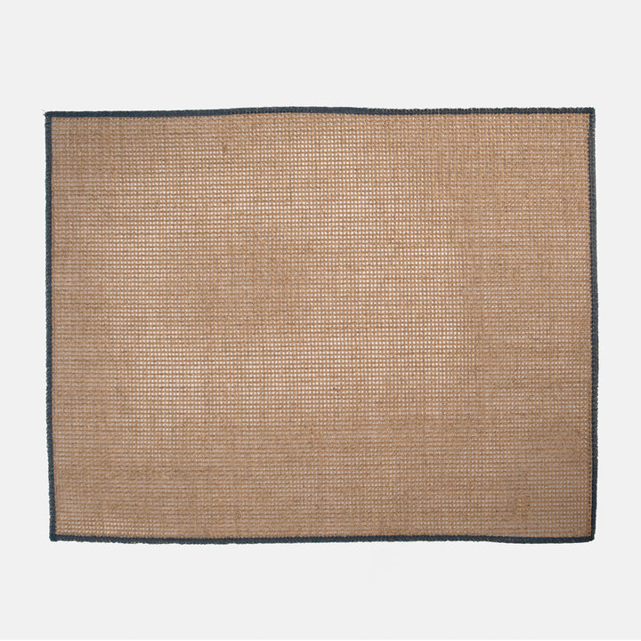 set of 2 beige woven placemats with a blue border on a white background