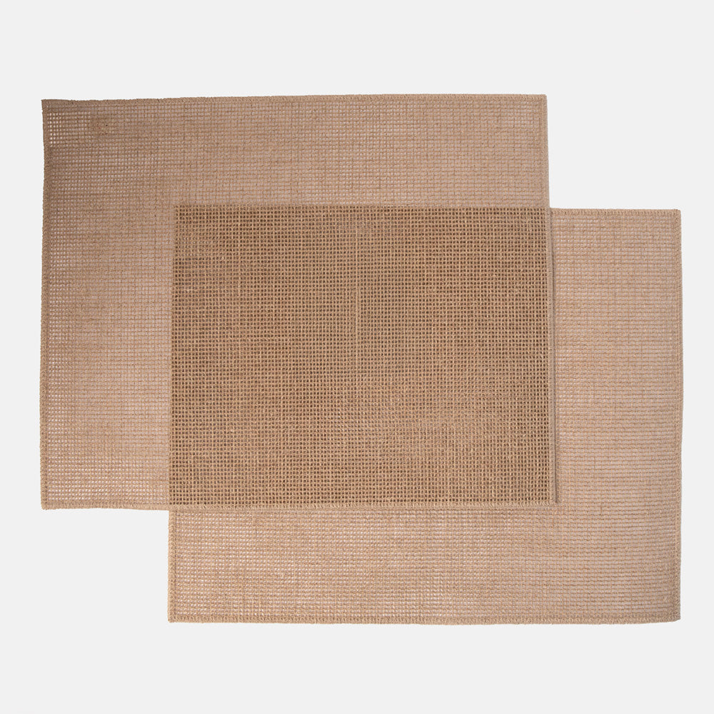 set of 2 beige woven placemats on a white background