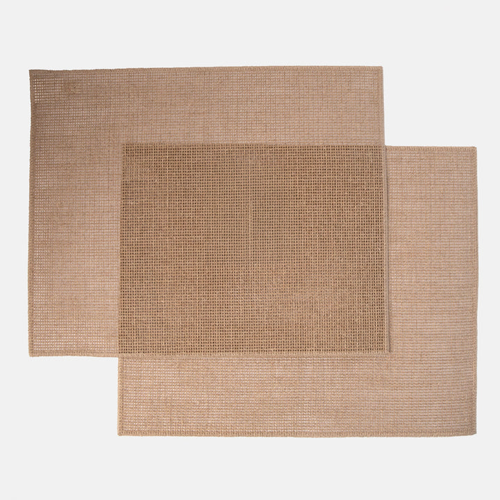 set of 2 beige woven placemats on a white background