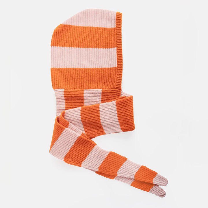 A ribbed knit hooded scarf with alternating wide orange and pale pink stripes, displayed on a clean white background.