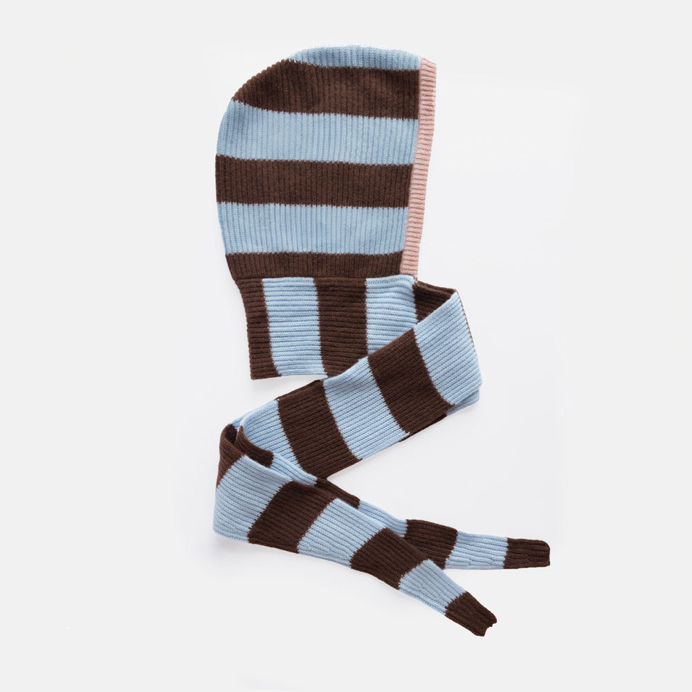 A striped ribbed knit hooded scarf, featuring alternating light blue and dark brown horizontal stripes, displayed on a clean white background.