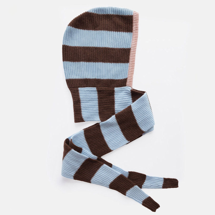A striped ribbed knit hooded scarf, featuring alternating light blue and dark brown horizontal stripes, displayed on a clean white background.