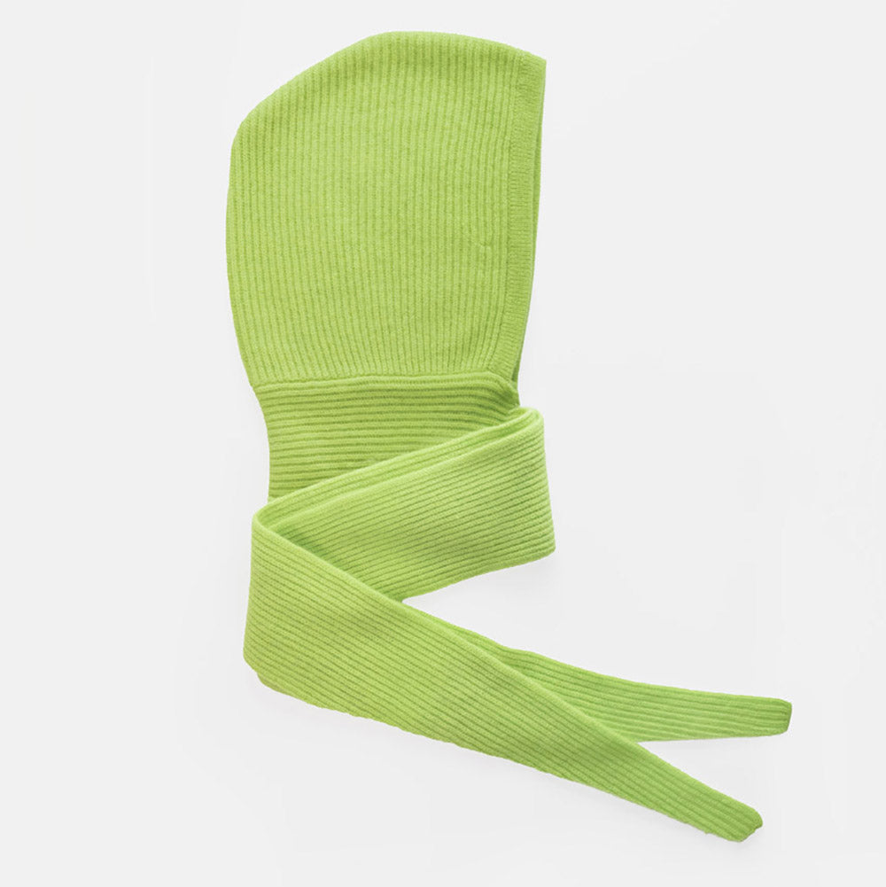 A bright green ribbed knit hooded scarf with long ties, shown on a clean white background.