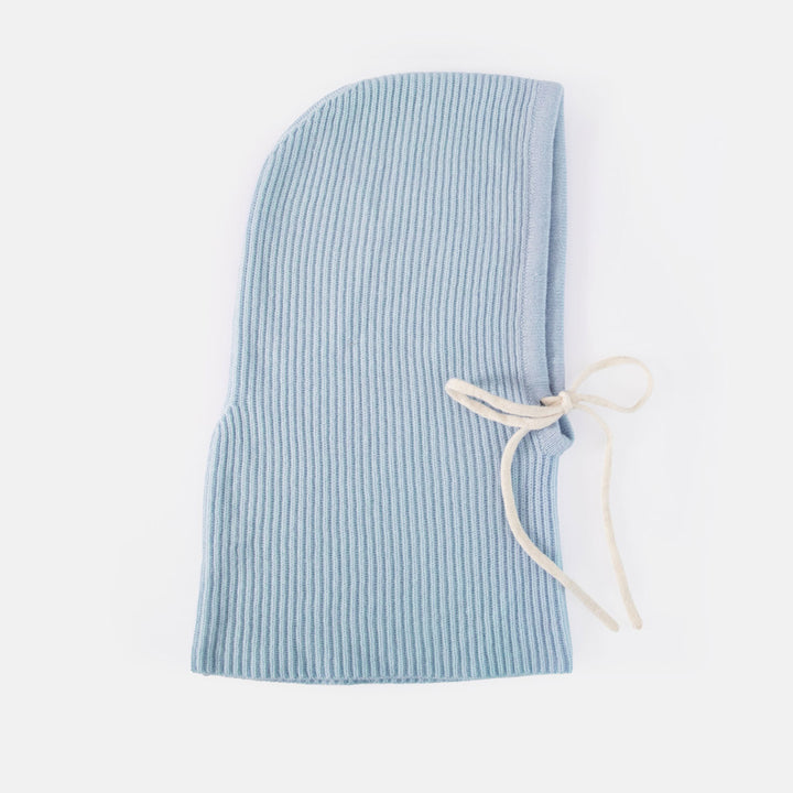 A light blue ribbed knit hood  with cream-colored drawstrings, shown flat on a white background.
