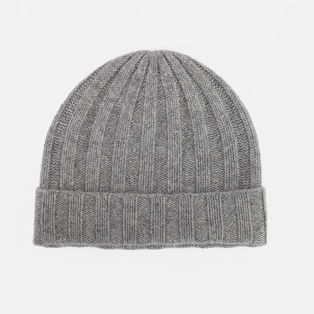 grey wide ribbed knit beanie hat on a white background