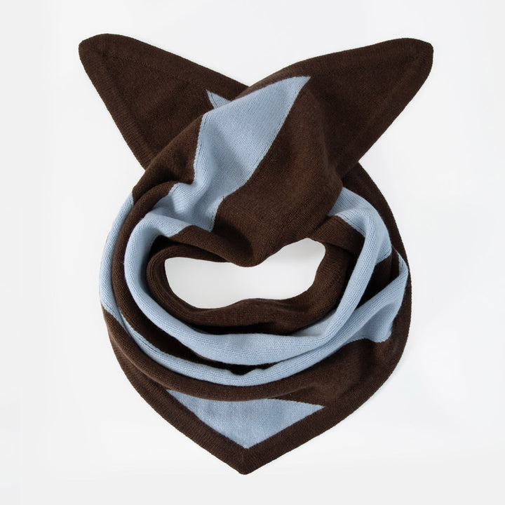 A brown and light blue striped triangle shaped scarf on a white background.