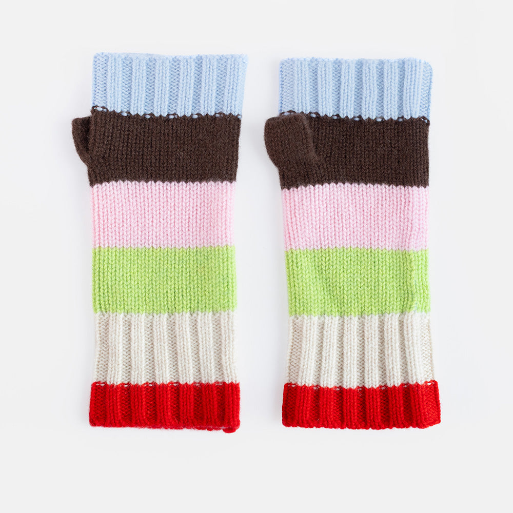 a pair of knitted multicoloured stripe fingerless gloves set against a white background 