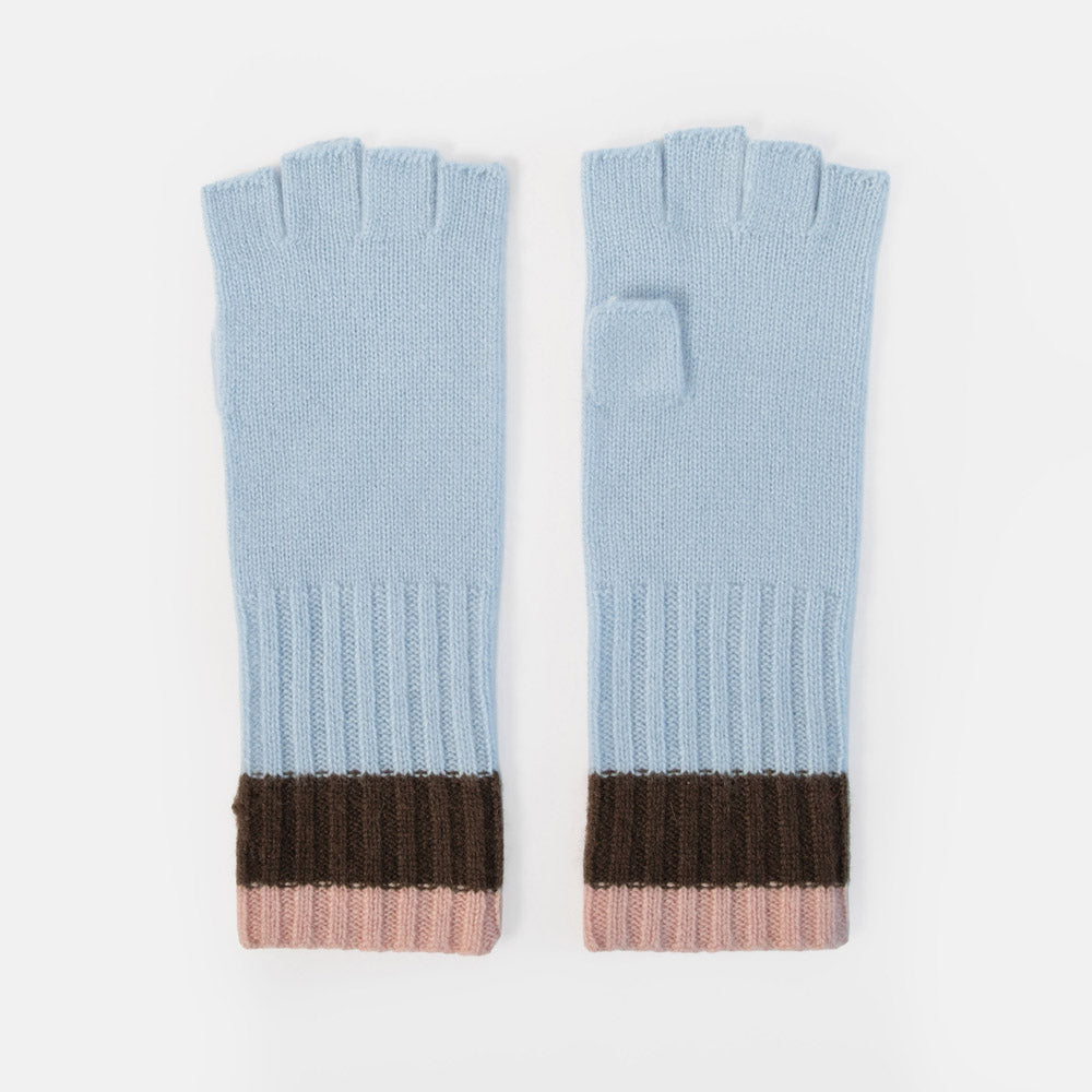 A pair of light blue fingerless knit gloves with ribbed cuffs featuring horizontal stripes of dark brown and dusty pink, displayed flat against a clean white background.