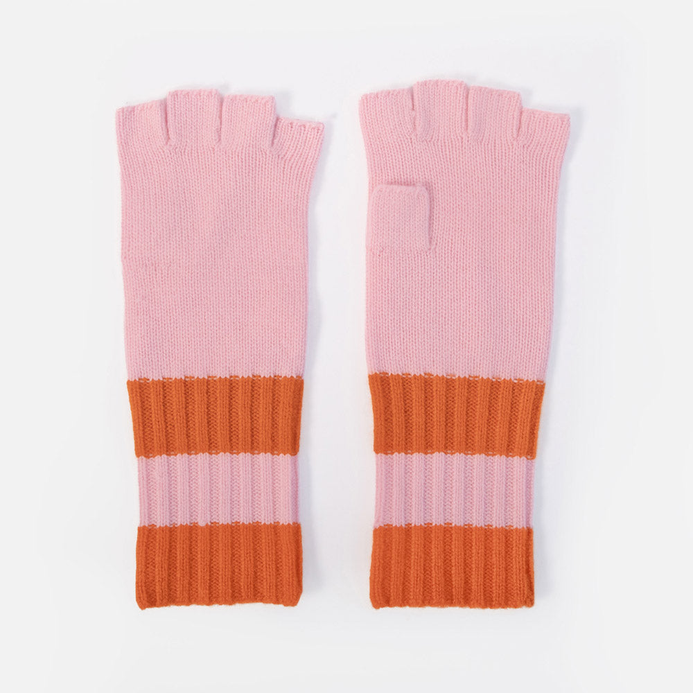 A pair of pink and orange striped fingerless knit gloves laid flat on a white background.