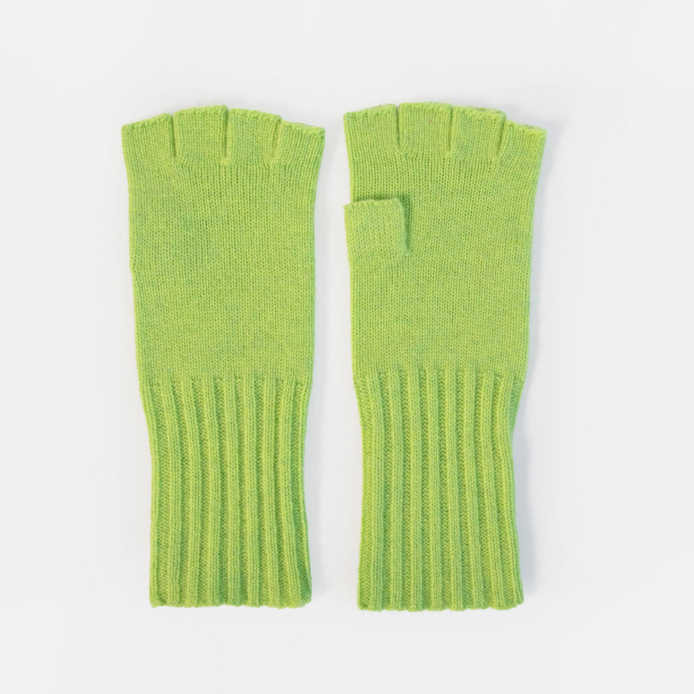 A pair of lime green fingerless knit gloves with ribbed cuffs, displayed flat against a clean white background.