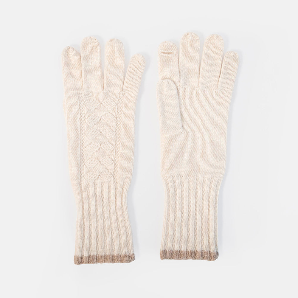 a pair of cream coloured gloves with a cable knit design and ribbed cuff with a taupe colour trim, set against a white background
