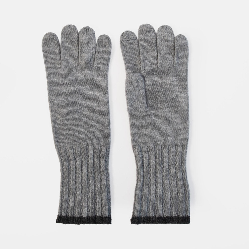 A pair of heather gray knit gloves with black ribbed cuffs, displayed flat against a light gray background.