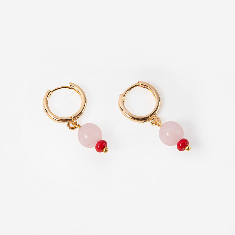 gold hoop earrings with pink semi precious stone and red glass bead