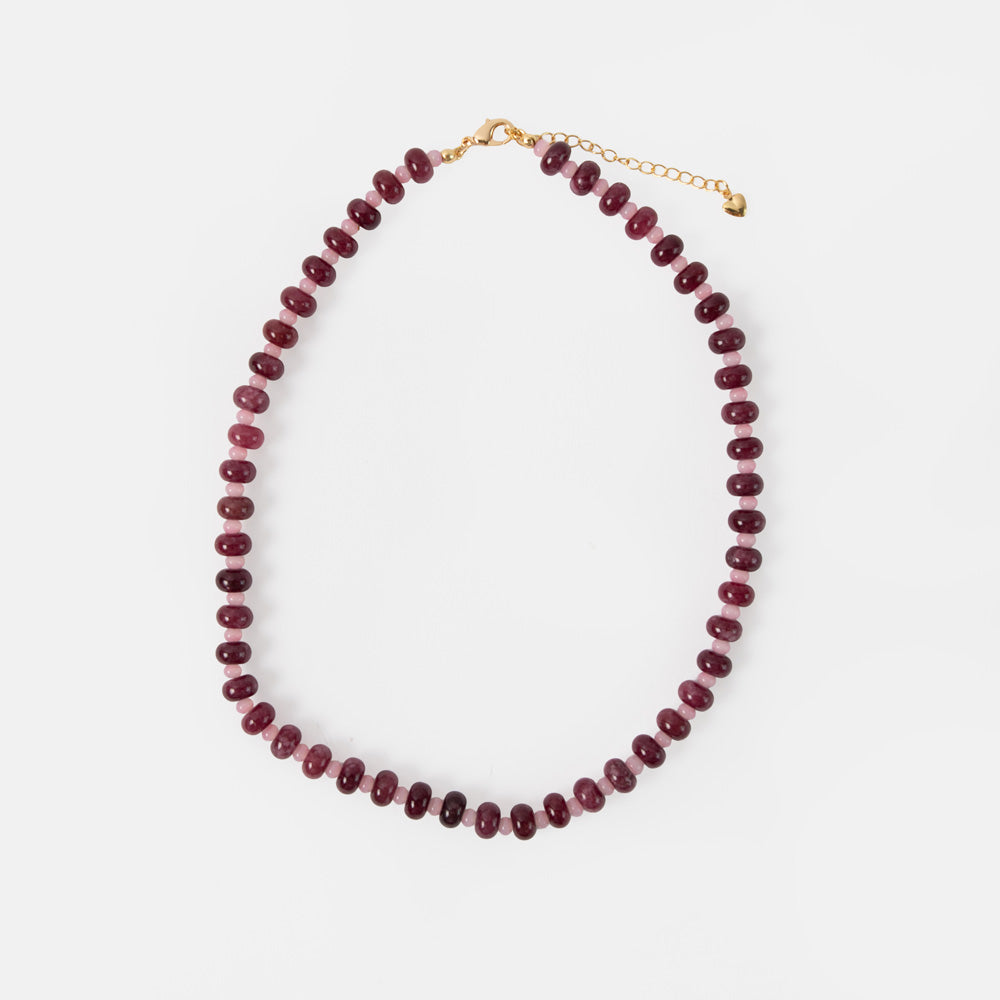necklace with pink & burgundy beads and gold hardware