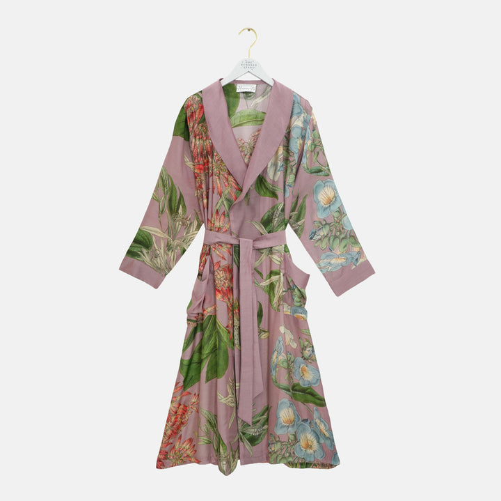 women's pink dressing gown with pink, blue and white floral print on a hanger against a white background