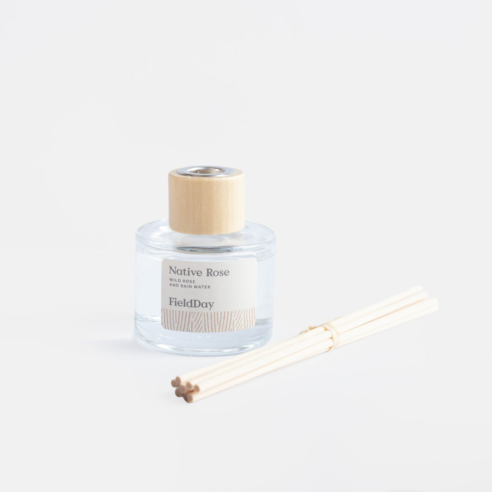 A clear glass reed diffuser bottle labeled Native Rose by FieldDay, with a light wood cap and several natural reeds tied with a thin band, photographed on a clean white background.