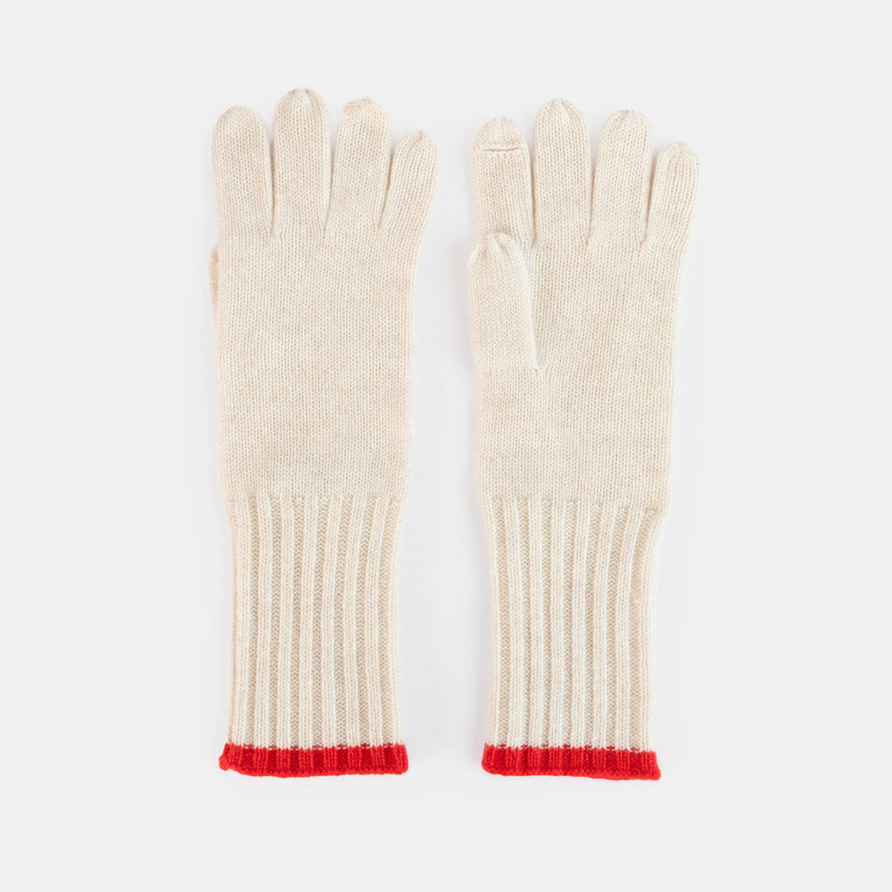 A pair of cream-colored knit gloves with red ribbed cuffs, displayed flat against a clean white background.