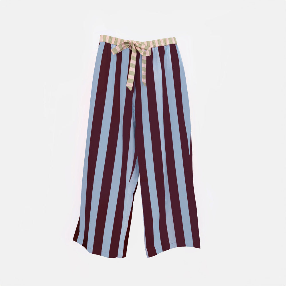 Wide-leg pyjama trousers in blue and wine stripes with a pastel striped tie at the waist