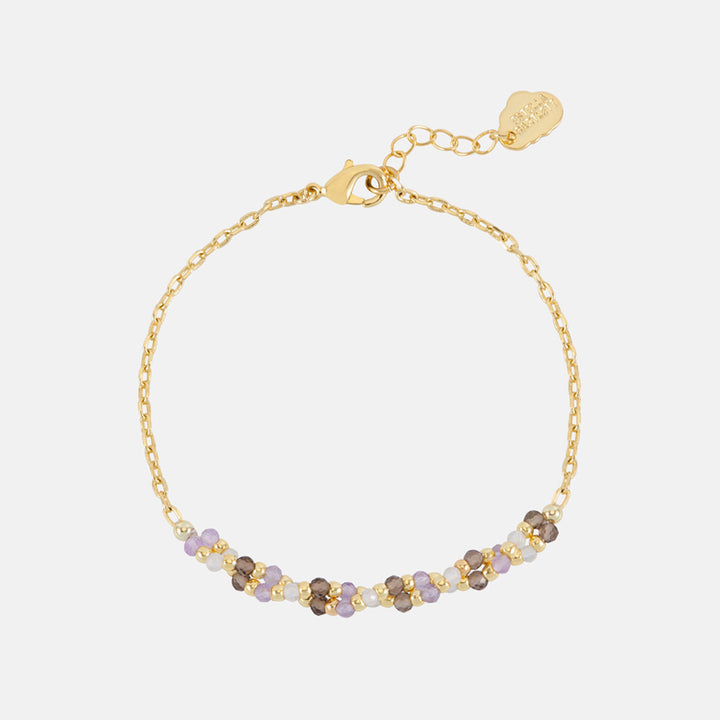 Fine gold chain bracelet with clusters of lilac, smoky brown and gold beads and a gold extender chain