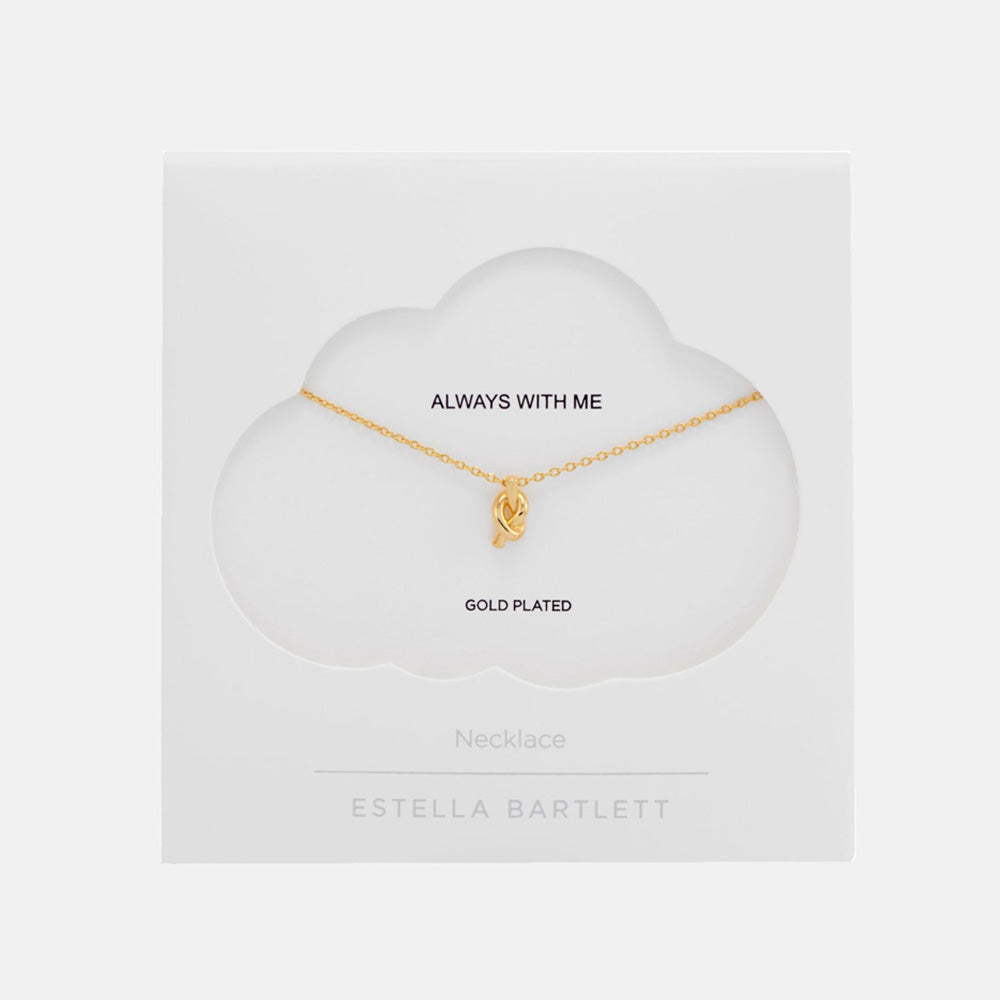 Fine gold chain necklace with a small knot pendant, presented on a white cloud-shaped card reading Always With Me