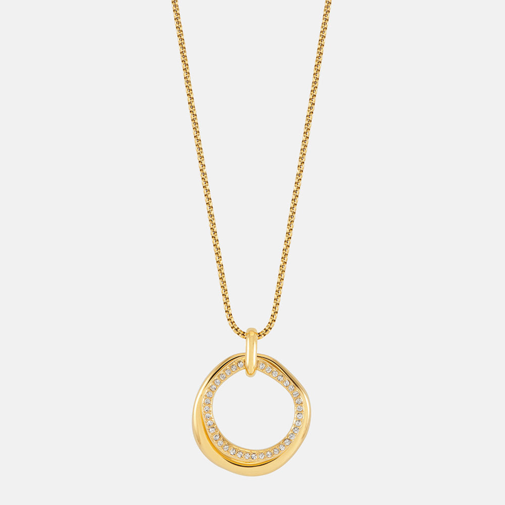 Gold box chain necklace with an organic open ring pendant partly set with sparkling stones