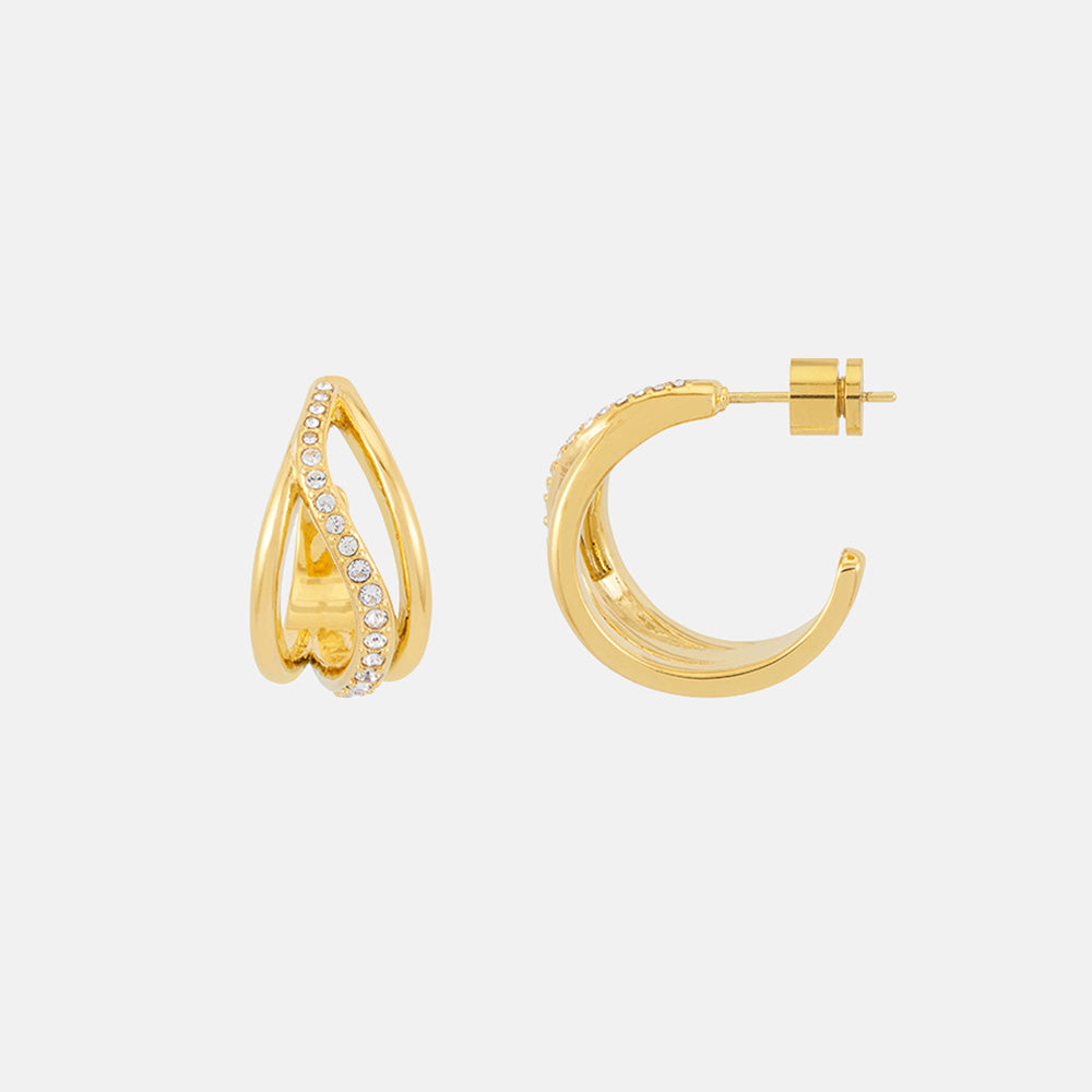 Pair of chunky gold twisted open hoop earrings with a thin strand of sparkling stones