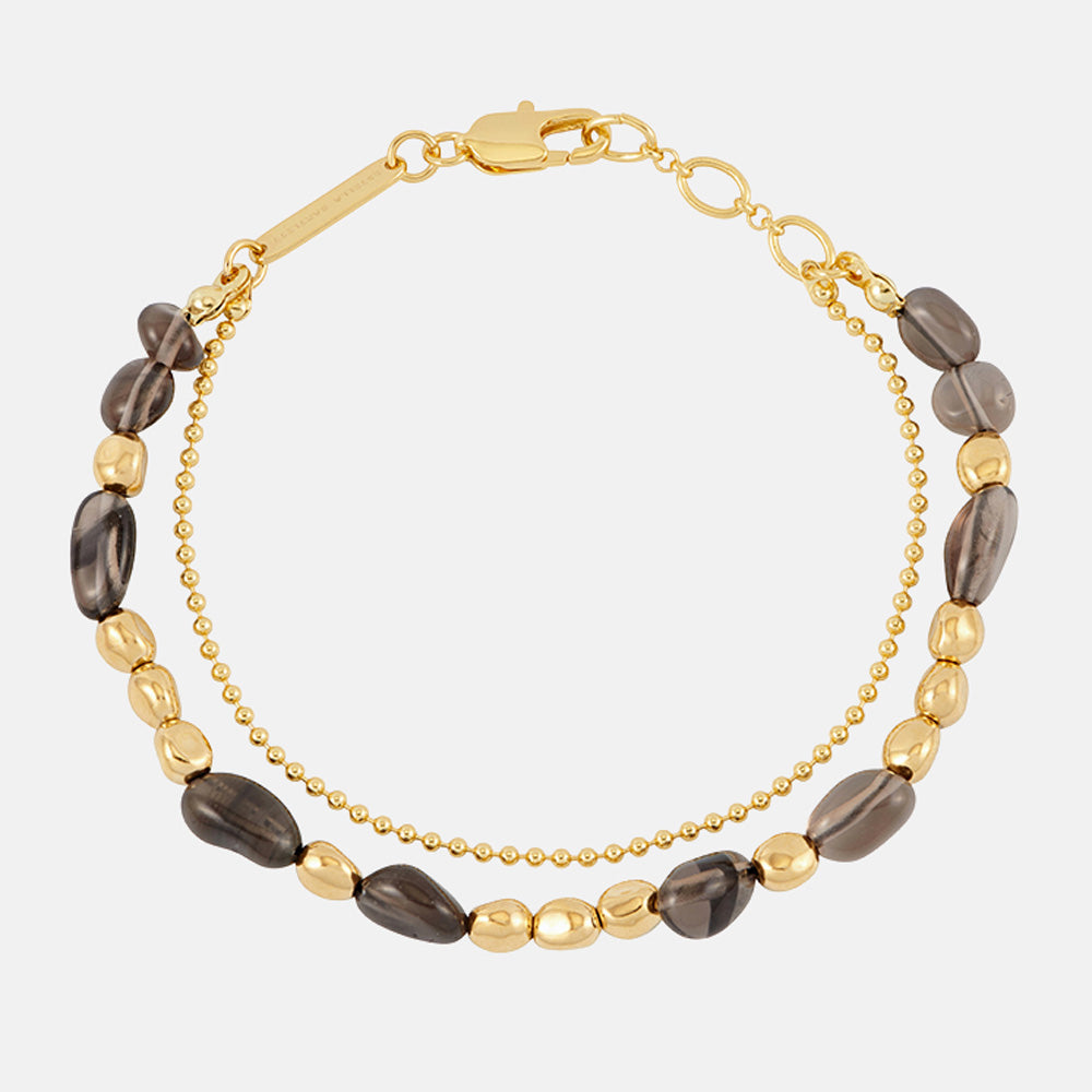 Double strand bracelet with gold beads and brown smoky quartz beads and a gold clasp