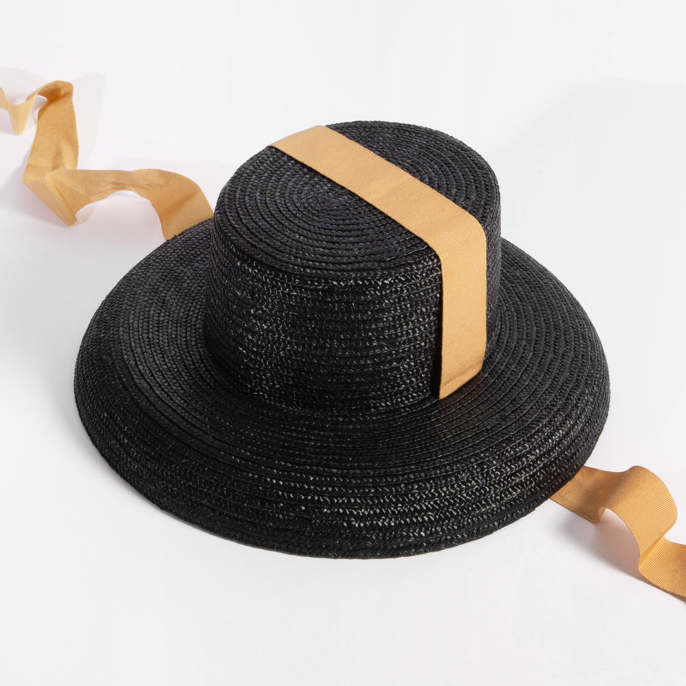 Black Large Straw Hat With Ribbons