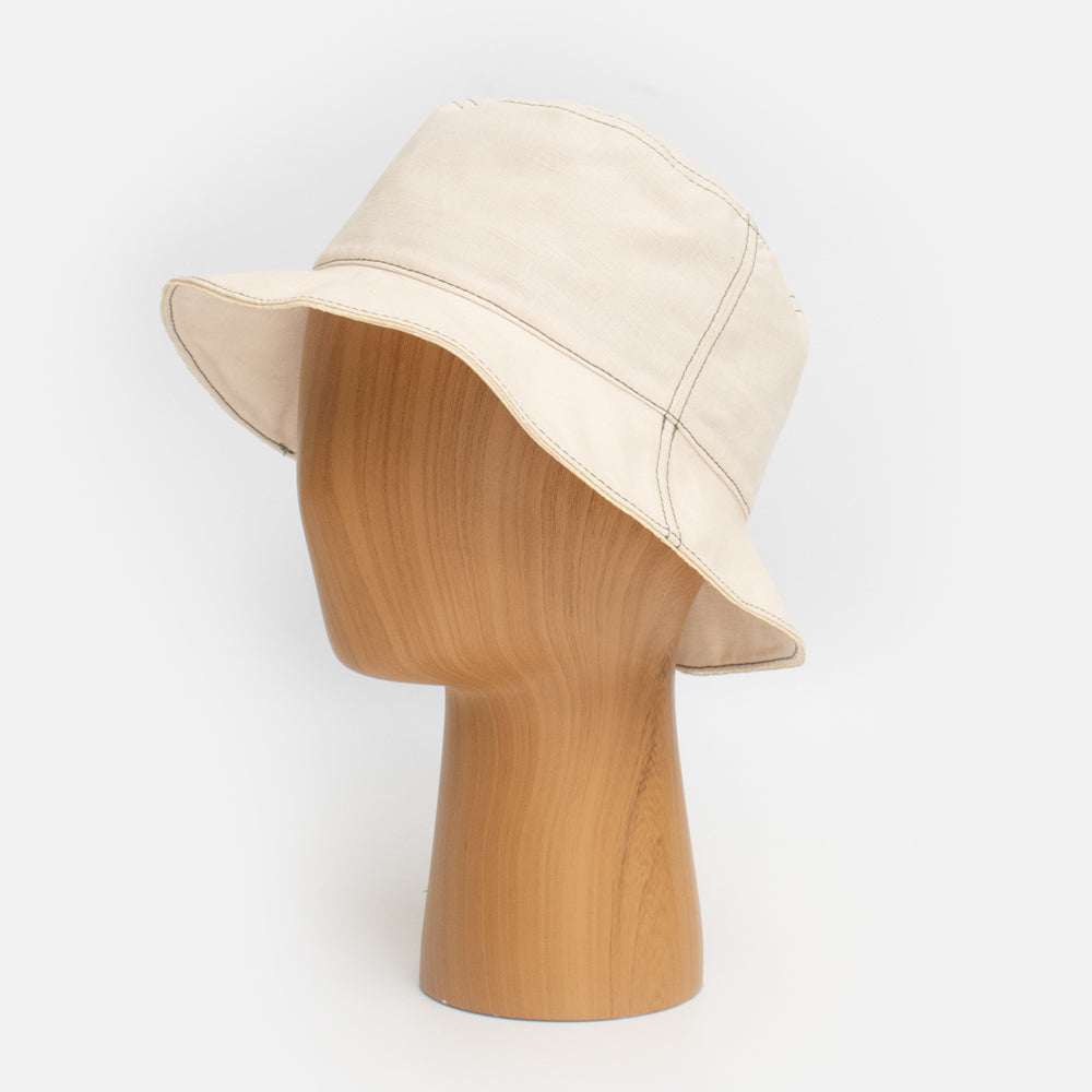 natural linen bucket hat with grey stitch detail