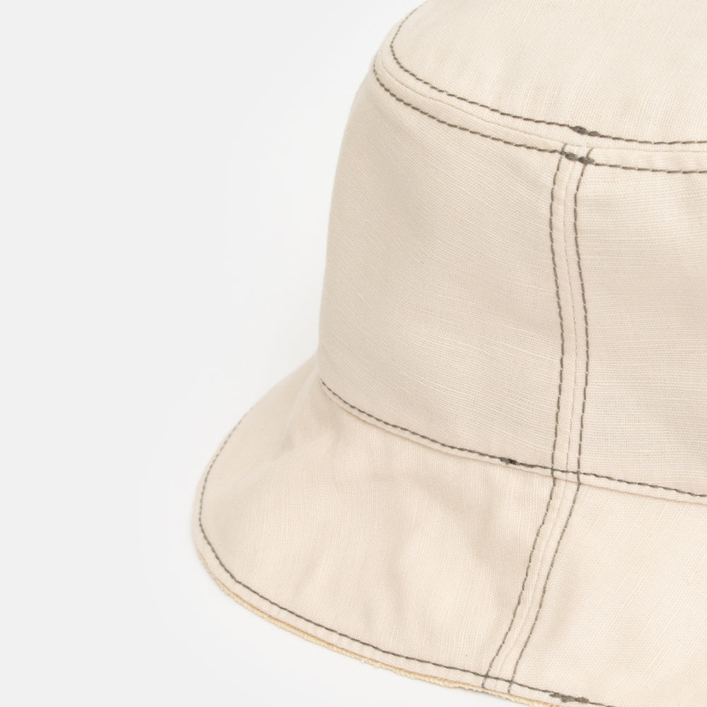natural linen bucket hat with grey stitch detail