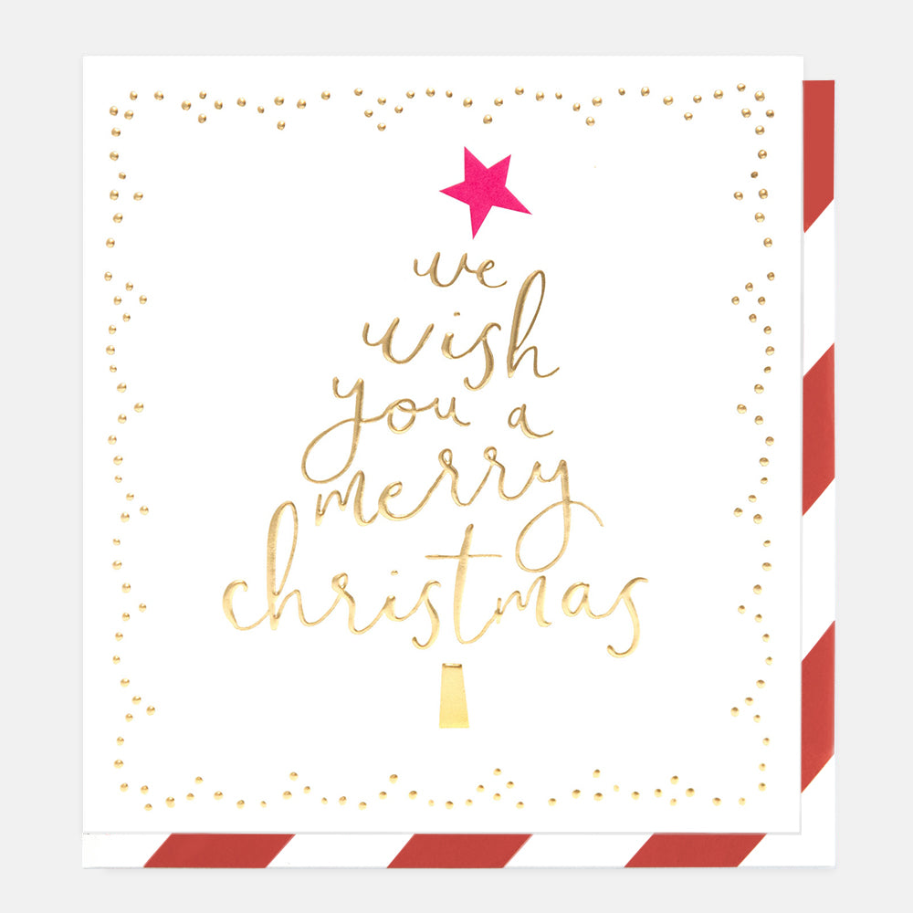 Christmas card with 'we wish you a merry Christmas' text in a christmas tree shape and decorative gold border on a white background.