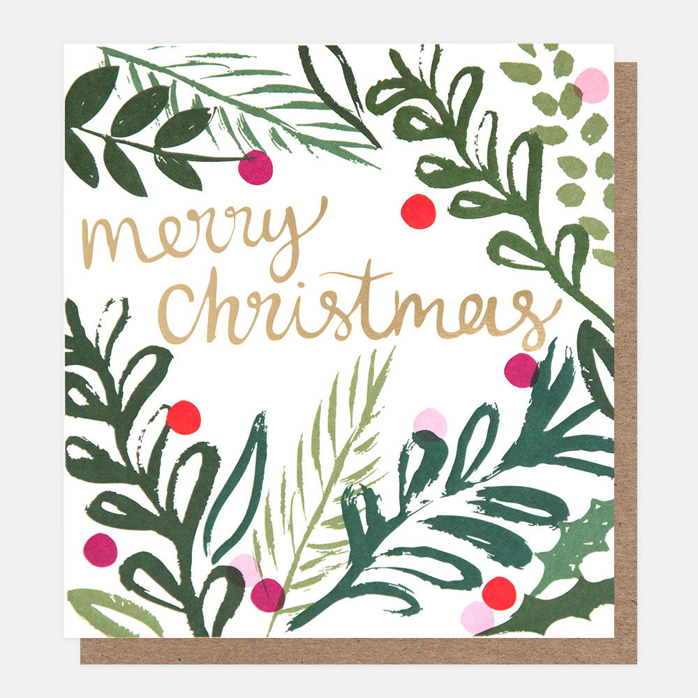 Christmas card with green foliage, red berries, and 'Merry Christmas' text on a white background.