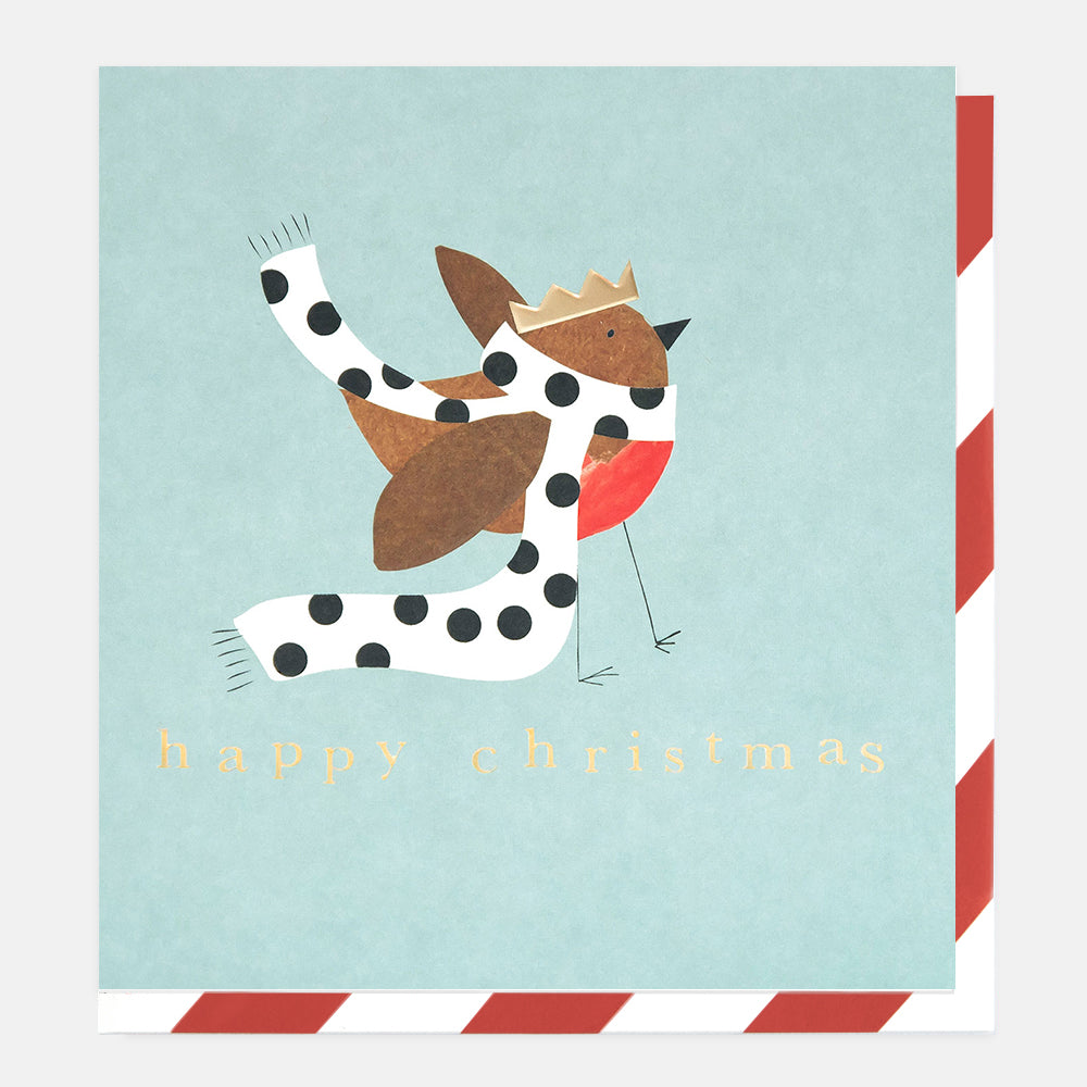 christmas card featuring a design of a robin in gold crown and spotty scarf on a light blue background