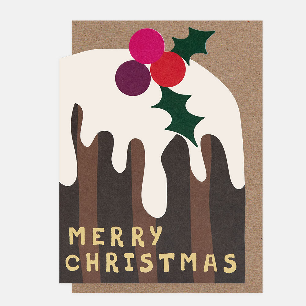 Die cut Christmas card in the shaoe of a Christmas pudding and 'Merry Christmas' text on a brown background.