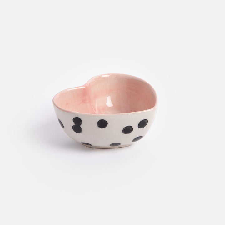 heart shaped hand painted glazed ceramic stoneware trinket bowl, pink inside black spotty outside