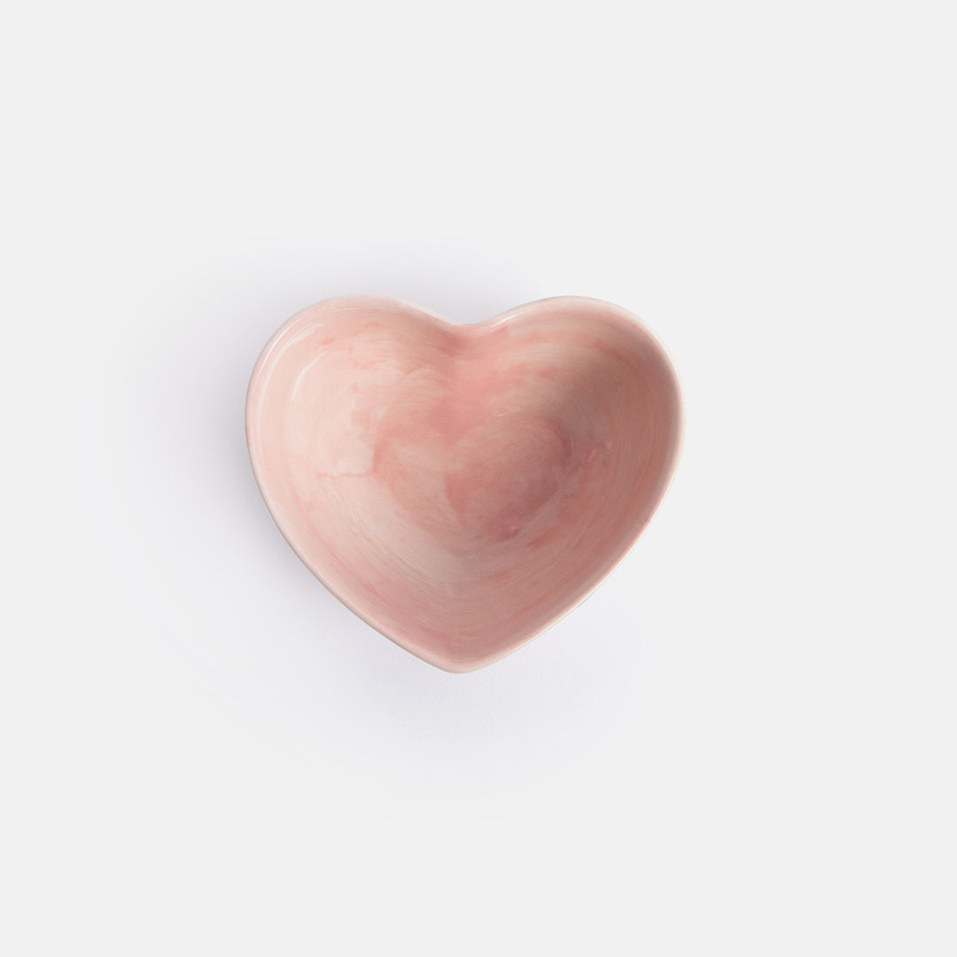 heart shaped hand painted glazed ceramic stoneware trinket bowl, pink inside black spotty outside