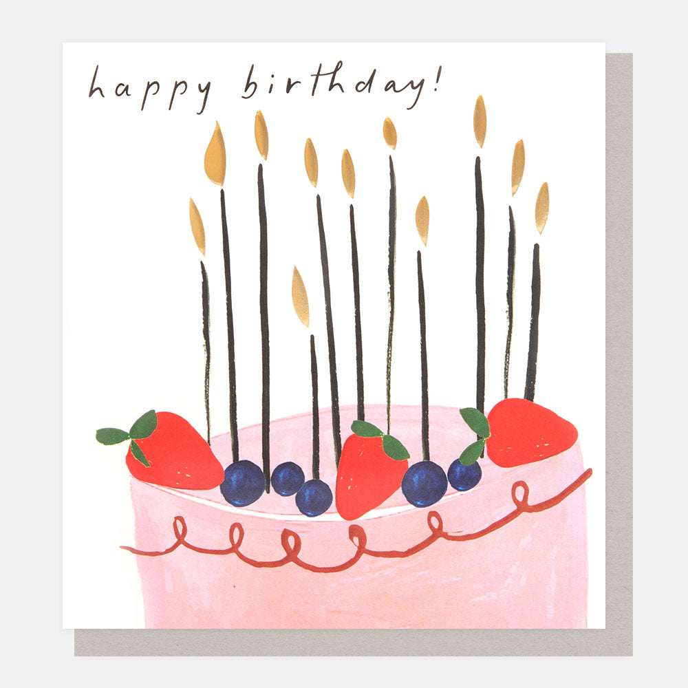 pink cake with candles and berries happy birthday card