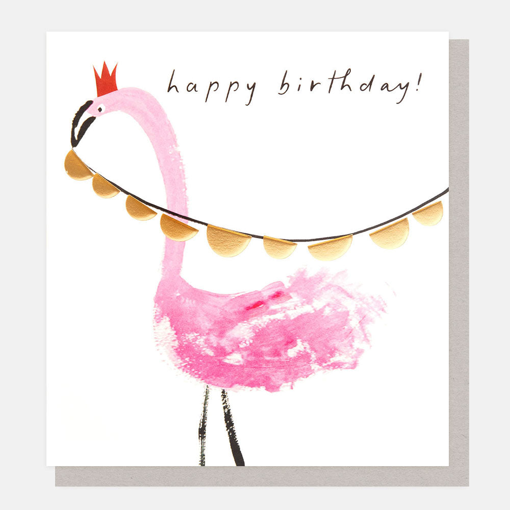 pink flamingo with gold scalloped bunting happy birthday card