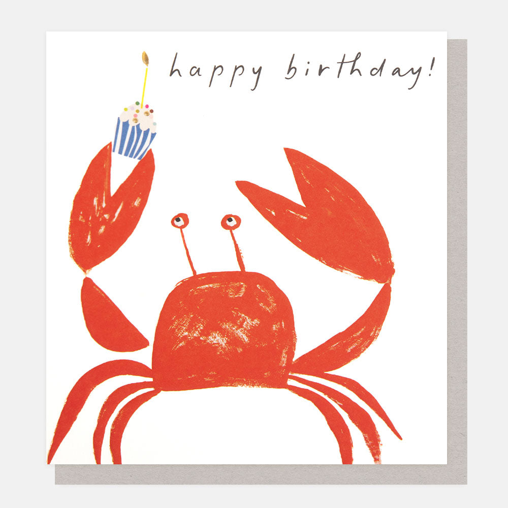 crab holding a cupcake happy birthday card